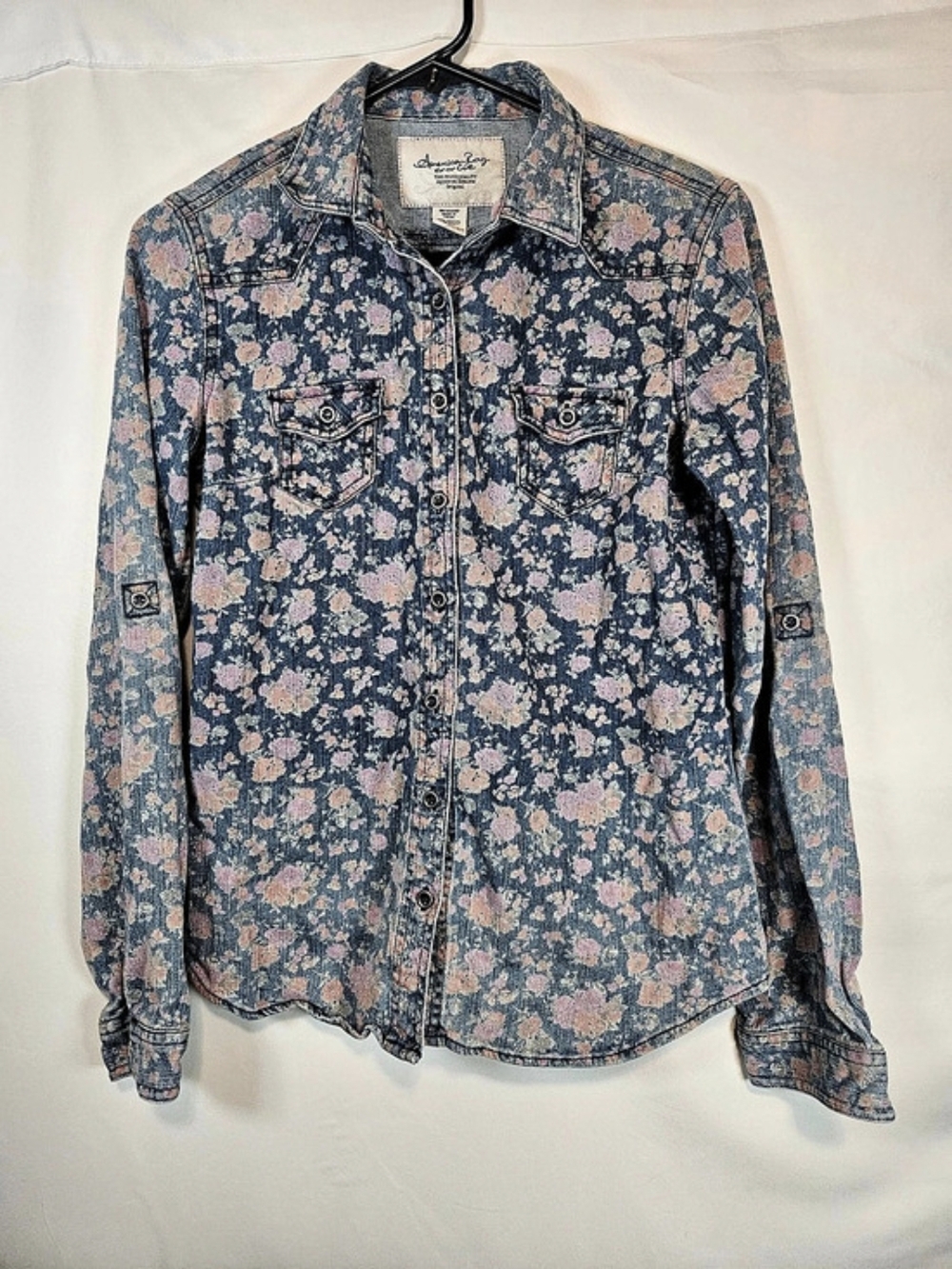 American Rag Floral Denim Button Down in Blue & Pink Size XS